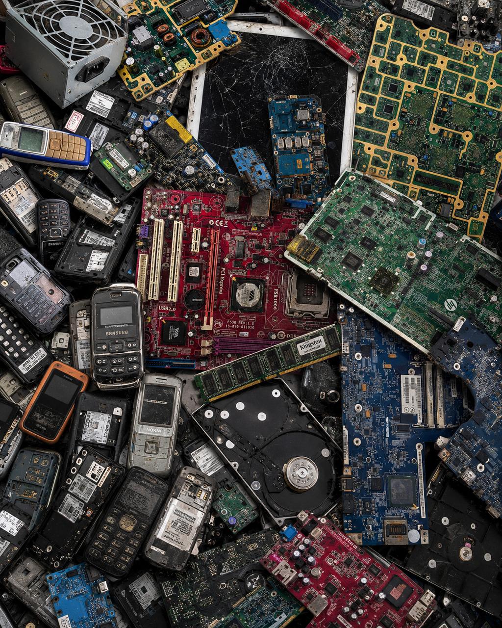 Variedad de tarjetas electrónicas, celulares y discos