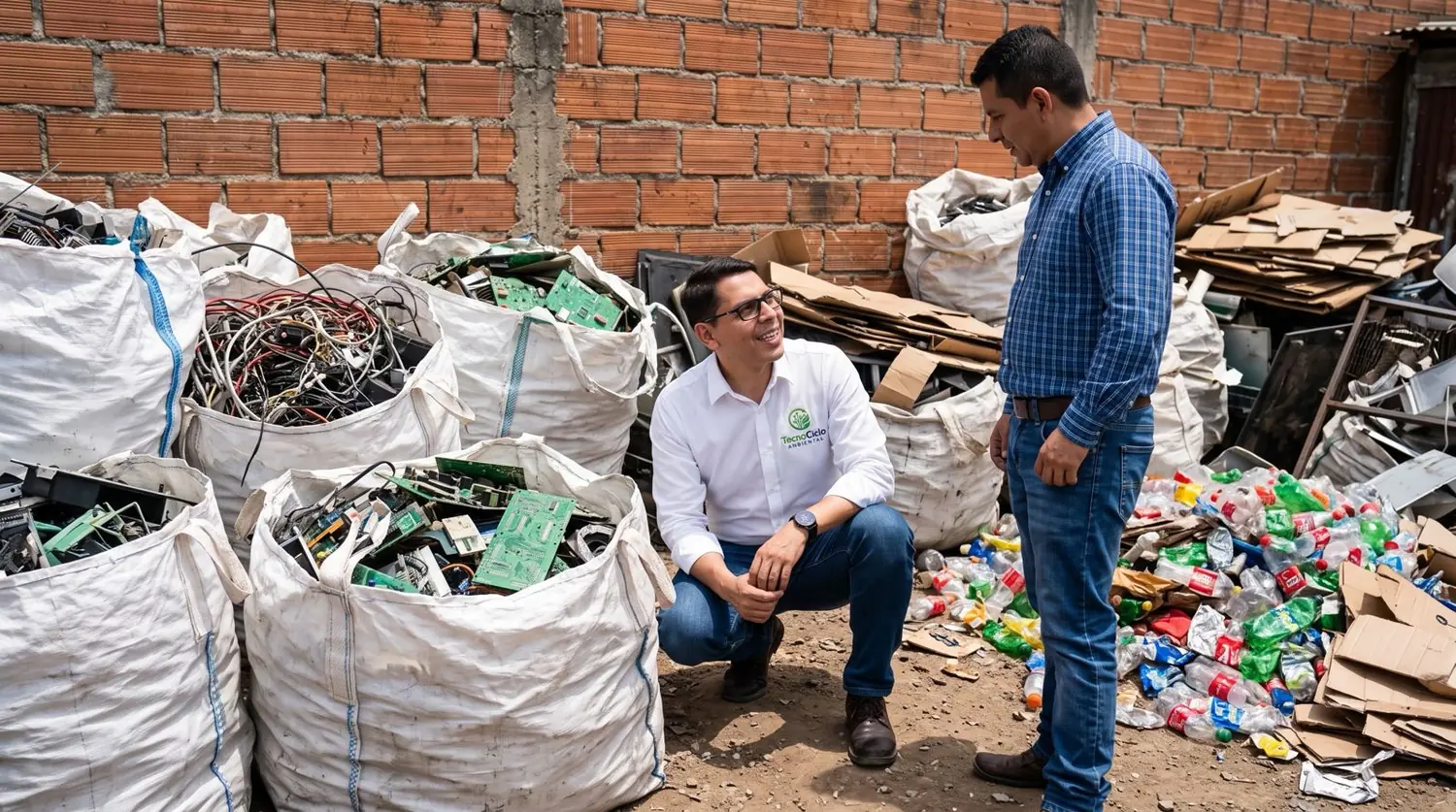Equipo de TecnoCiclo Ambiental revisando material electrónico con un cliente